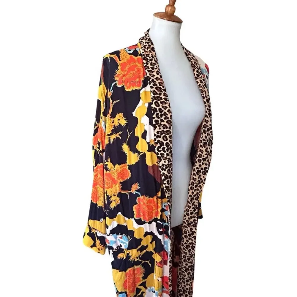 Free People Wild Nights Mixed Print Floral Leopard Duster Kimono L